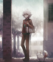  1boy angel31424 animal bag brown_jacket canine commentary danganronpa_(series) danganronpa_2:_goodbye_despair grey_eyes hope&#039;s_peak_academy_school_uniform jacket komaeda_nagito male_focus necktie outdoors school_bag school_uniform white_hair 