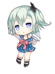  :&lt; arm_up black_footwear blue_eyes blue_skirt blush cassin_young_(warship_girls_r) chibi collarbone commentary_request female full_body green_hair hair_between_eyes hair_ornament halterneck hand_up long_sleeves looking_at_viewer machinery one_side_up print_skirt sailor_collar sailor_shirt shirt shoes short_hair simple_background skirt sleeves_past_wrists socks solo standing star_(symbol) star_print tengxiang_lingnai triangle_mouth warship_girls_r white_background white_shirt white_socks 