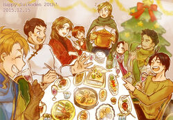  aged_up black_hair bowl brown_hair cho_(taronana) christmas cleo_(suikoden) commentary_request father_and_son gensou_suikoden gensou_suikoden_i ghost gremio_(suikoden) multiple_boys multiple_girls pahn_(suikoden) plump scar scar_on_cheek scar_on_face short_hair spoon table ted_(suikoden) teo_mcdohl tir_mcdohl tray 