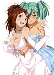  2girls artist_request bachou_mouki blue_dress breast_press breasts brown_eyes brown_hair check_artist cleavage collarbone dark-skinned_female dark_skin dress elbow_gloves extraction gloves green_eyes green_hair hair_ornament hair_scrunchie holding_hands ikkitousen jewelry large_breasts long_hair mg_renders multiple_girls necklace open_mouth ponytail ryofu_housen scrunchie short_hair strapless strapless_dress transparent_background twintails white_dress white_gloves yuri 