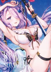  arm_up armpits bikini blue_eyes braid braided_bun breasts cleavage commentary_request demon_horns double_bun draph female frills garter_straps granblue_fantasy hair_bun hair_ornament hair_over_one_eye horns katana large_breasts light_purple_hair lips long_hair looking_at_viewer low-tied_long_hair namanie narmaya_(granblue_fantasy) narmaya_(summer)_(granblue_fantasy) official_alternate_costume open_mouth solo swimsuit sword twintails weapon white_bikini 