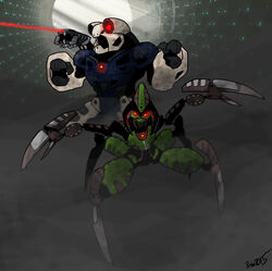  2015 absurd_res ambiguous_gender angry arachnid armor arthropod billfrancois biomechanical bionicle claws digital_drawing_(artwork) digital_media_(artwork) duo frown green_body hi_res humanoid krekka laser lego machine multi_limb multicolored_body nidhiki not_furry open_mouth pointed_feet ranged_weapon red_eyes simple_background spider standing teeth weapon 