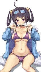  ahoge azur_lane basil_(st_1) bikini black_hair blush breasts choker cleavage collarbone commentary_request female hair_rings highres long_hair looking_at_viewer navel ning_hai_(azur_lane) ning_hai_(summer_hunger)_(azur_lane) official_alternate_costume open_mouth purple_eyes swimsuit twintails 