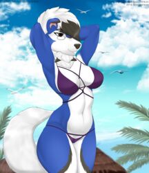  absurd_res anthro anthrofied beach bikini breasts canid canine clothing digital_media_(artwork) dusk_lycanroc eyewear female generation_7_pokemon glasses hi_res lycanroc mammal nintendo pokemon pokemon_(species) pokemorph seaside shaded shiny_pokemon skye_primis skylosminkan solo swimwear text url 