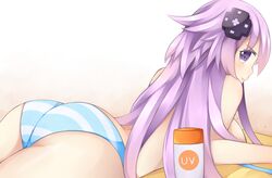  adult_neptune ass bikini blush commentary_request d-pad d-pad_hair_ornament female hair_ornament jokerace03 long_hair looking_at_viewer neptune_(series) purple_eyes purple_hair shin_jigen_game_neptune_vii solo striped_bikini striped_clothes swimsuit 