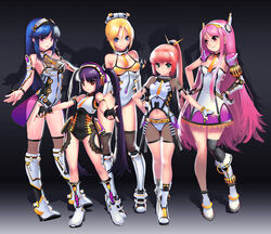  5girls ankle_boots arin asymmetrical_legwear belt black_background black_gloves black_hair black_legwear blonde_hair blue_eyes blue_hair blush boots breasts cecilia_(pangya) closed_mouth detached_collar fingerless_gloves flat_chest full_body gloves green_eyes hair_between_eyes hana_(pangya) hand_on_own_hip head_tilt headphones high_ponytail kamdia knee_boots kooh large_breasts leotard long_hair looking_at_another looking_at_viewer lucia_(pangya) medium_breasts mismatched_legwear multiple_girls navel necktie orange_hair outstretched_arm outstretched_arms pangya parted_lips photoshop_(medium) pink_eyes pink_hair purple_eyes red_eyes short_hair short_sleeves silhouette small_breasts smile standing thighhighs twintails very_long_hair white_footwear 