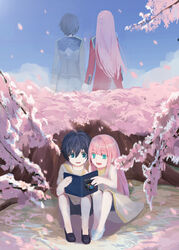  1boy absurdres bare_shoulders black_footwear black_hair blue_eyes blue_sky book cherry_blossoms chu_dengdeng cloud cloudy_sky collarbone commentary_request couple darling_in_the_franxx day dual_persona female green_eyes highres hiro_(darling_in_the_franxx) holding holding_book holding_hands lolicon long_hair long_sleeves military military_uniform no_socks open_book open_mouth petals photoshop_(medium) pink_hair purple_footwear reincarnation shirt shoes shorts sitting sky sleeveless sleeveless_shirt spoilers straight tree uniform white_footwear white_shirt zero_two_(darling_in_the_franxx) 