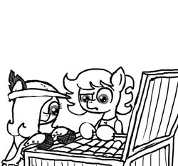  box clothing container duo earth_pony emerald_jewel_(colt_quest) equid equine fan_character feathers female feral ficficponyfic hasbro hat headgear headwear horse male mammal monochrome my_little_pony pony ruby_rouge_(colt_quest) simple_background 