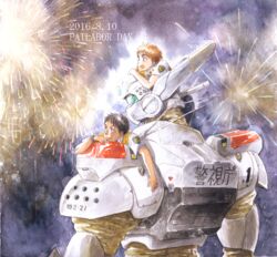  1boy alphonse_(av-98_ingram) antennae arm_support black_hair commentary_request copyright_name dated eyebrows female fireworks graphite_(medium) happy head_rest insignia izumi_noa kidou_keisatsu_patlabor light_brown_hair looking_afar mecha open_mouth painting_(medium) police police_badge police_uniform policeman policewoman riding robot science_fiction shinohara_asuma short_hair smile traditional_media uniform uniform_vest ususionorisio vest watch watercolor_(medium) wristwatch 