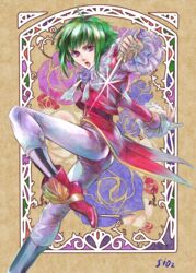  asellus_(saga_frontier) boots commentary_request dress female flower green_hair high_heel_boots high_heels knife red_eyes rose saga saga_frontier short_hair sio2_(nisankakeiso) solo 