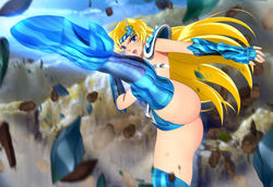  absurdres amazon armor ass blonde_hair blue_armor blue_boots blue_eyes blue_gauntlets chameleon_june depth_of_field feet female female fighting_stance fingerless_gauntlets floating_hair gauntlets hand_up highres kicking leg_up legs long_hair looking_at_viewer mountain open_mouth outdoors outstretched_arm pauldrons revealing_clothes rock round_teeth saint_seiya serious shiny shiny_armor shoulder_armor shoulder_pads sky solo spikes standing standing_on_one_leg teeth thigh_boots thighs tiara yadokari_genpachirou 