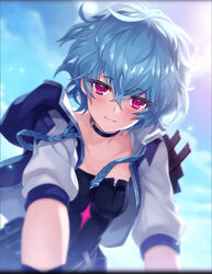  almace_(phantom_of_the_kill) aqua_hair artist_request black_choker blush choker day female game_cg hair_between_eyes highres jacket looking_at_viewer phantom_of_the_kill purple_eyes short_hair sky smile white_jacket 