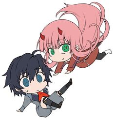  1boy black_hair black_pantyhose blue_eyes boots brown_footwear commentary_request couple darling_in_the_franxx female green_eyes hair_ornament hairband herozu_(xxhrd) hiro_(darling_in_the_franxx) horns long_hair long_sleeves looking_at_viewer military military_uniform necktie oni_horns pantyhose pink_hair red_horns red_necktie shoes socks straight sweatdrop uniform white_footwear white_hairband zero_two_(darling_in_the_franxx) 