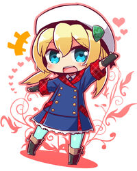  +++ :d beret black_footwear black_gloves blonde_hair blue_eyes blue_jacket blue_pantyhose blush boots chibi commentary_request female fingerless_gloves frederica_irving full_body gloves hair_between_eyes hat heart heart-shaped_pupils jacket long_hair long_sleeves low_twintails naga_u open_mouth outstretched_arms pantyhose sekaiju_no_meikyuu shin_sekaiju_no_meikyuu smile solo standing symbol-shaped_pupils teeth twintails upper_teeth_only white_hat 