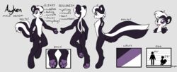  2017 4_toes 5_fingers anthro ayken barefoot biped black_body black_fur black_tail bupzbie_(artist) chibi color_swatch digital_media_(artwork) english_text feet fingers fur grey_background grey_eyes grey_pawpads hair long_tail looking_at_viewer male mammal mephitid model_sheet multicolored_body multicolored_fur multicolored_tail multiple_angles nude pawpads short_hair simple_background skunk smile solo tail text toes two_tone_body two_tone_fur two_tone_tail white_body white_fur white_hair white_tail 