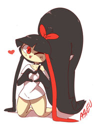  absurdres artist_name asekeu barefoot black_bra black_hair blush bottomless bow bra bra_strap closed_mouth collarbone creatures_(company) extra_mouth female female flat_chest full_body game_freak gen_3_pokemon hairbow happy heart heart_hands highres kneeling light_blush long_hair looking_at_viewer mawile multicolored_hair nintendo no_humans off_shoulder one_eye_closed personification pokemon pokemon_(creature) red_bow red_eyes red_hair shiny shiny_hair shirt short_sleeves signature simple_background smile solo tongue tongue_out twintails two-tone_hair underwear very_long_hair white_background white_shirt wink 