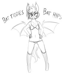  anthro bat_pony bra clothing dialogue english_text equid fan_character fangs female footwear hasbro legwear mammal monochrome my_little_pony nolegs_(oc) panties replica_(artist) socks solo teeth text underwear 