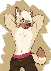  anthro big_muscles black_nose blue_eyes bottomwear boxers_(clothing) brown_body brown_fur canid canine canis cargo_pants chest_tuft clothed clothing dipstick_tail domestic_dog fangs flexing front_view fur hair hair_over_eye hands_behind_head hi_res inner_ear_fluff licking licking_lips licking_own_lips looking_at_viewer male mammal markings multicolored_tail muscular muscular_anthro muscular_male navel one_eye_obstructed onion-cat-confirmed pants pose sagging sagging_pants self_lick short_hair signature simple_background solo tail tail_markings tan_body tan_fur teeth tongue tongue_out topless tuft underwear waistband white_body white_fur 