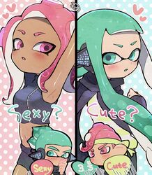  2boys 2girls :o agent_3_(splatoon) agent_8_(splatoon) aqua_eyes aqua_hair armpits arms_up black_cape black_skirt black_vest blush breasts cape closed_mouth commentary_request dark_skin hand_up headband heart inkling inkling_boy inkling_girl inkling_player_character kirikuchi_riku long_hair medium_breasts miniskirt mohawk motion_lines multiple_boys multiple_girls navel octoling octoling_boy octoling_girl octoling_player_character open_mouth outline pink_eyes pink_hair polka_dot polka_dot_background sexy_or_cute? short_hair single_sleeve skirt splatoon_(series) splatoon_2 splatoon_2:_octo_expansion squidbeak_splatoon suction_cups vest zipper 