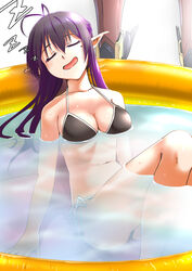  antenna_hair arm_support breasts closed_eyes collarbone commentary drooling elf female floating_breasts floating_hair katori_(pso2) long_hair medium_breasts mole mole_under_eye partially_submerged phantasy_star phantasy_star_online_2 pointy_ears pool purple_hair shimotsuki_iko sitting sleeping solo swimsuit 