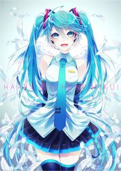  1055 arms_behind_back birthday blue_eyes blue_hair clothes collar detached_sleeves exposed_shoulders feathers female hatsune_miku long_hair looking_at_viewer open_mouth pleated pleated_skirt shirt skirt sleeveless sleeveless_shirt smile solo thighhighs tie twintails vocaloid white_wings wings zettai_ryouiki 