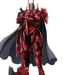  1boy armor axe battle_axe black_cape black_pants cape commentary english_commentary fake_horns fire_emblem fire_emblem_awakening fire_emblem_heroes full_armor full_body gauntlets greaves grey_hair helmet highres horned_helmet horns lips long_hair looking_at_viewer male_focus manly no_pupils nose official_art pants red_armor scowl serious shoulder_pads soeda_ippei solo transparent_background walhart_(fire_emblem) weapon white_eyes 