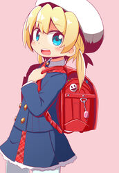  :d backpack bag beret blonde_hair blue_eyes blue_jacket blue_skirt blush brown_background commentary_request cowboy_shot crime_prevention_buzzer female frederica_irving hair_between_eyes hands_up hat holding holding_strap jacket long_hair long_sleeves looking_at_viewer looking_to_the_side low_twintails naga_u open_mouth pantyhose pleated_skirt randoseru round_teeth sekaiju_no_meikyuu shin_sekaiju_no_meikyuu simple_background skirt smile solo teeth twintails upper_teeth_only white_hat white_pantyhose 