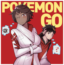  1boy ? black_hair blush brown_hair can&#039;t_be_this_cute candela_(pokemon) coat commentary_request copyright_name crossed_arms dark_skin female gloves hood hoodie male_protagonist_(pokemon_go) pokemon pokemon_go red_background red_eyes sen-jou simple_background spoken_squiggle squiggle upper_body visor_cap 