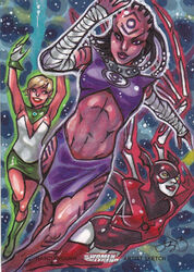  2girls alien arisia_rrab bleez blue_skin dc_comics green_lantern green_lantern_(series) head_wings indigo-1 indigo_tribe iroque marker_(media) mask multiple_girls red_lantern skeletal_wings wings 