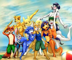  2016 anthro ball bandai_namco beach beach_ball bikini bird_dog blush bottomwear breasts canid canine canis carmelita_fox carrot_(one_piece) cleavage closed_eyes clothed clothing crossover detailed_background digimon digimon_(species) dipstick_tail disney domestic_dog female fox fox_mccloud furgonomics golden_retriever group hand_behind_head hat headgear headwear hunter_(road_rovers) hunting_dog inflatable judy_hopps krystal_(star_fox) lagomorph leporid male mammal markings minkmen_(one_piece) multicolored_tail navel neck_tuft nick_wilde nintendo one_piece open_mouth open_smile outside pool_toy pose procyonid punch rabbit raccoon raised_arm red_fox renamon retriever road_rovers sand seaside shorts size_difference sly_cooper sly_cooper_(series) smile sony_corporation sony_interactive_entertainment sonyasha star_fox sucker_punch_productions swimwear tail tail_markings tripping true_fox tuft unconscious warner_brothers zootopia 