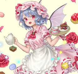  ama-tou apron ascot bat_wings blue_hair broom buttons cake chocolate chocolate_cake commentary_request cup female flower food foxfactory fruit hat hat_ribbon holding looking_at_viewer macaron mob_cap oerba_yun_fang open_mouth pink_hat pink_wings puffy_short_sleeves puffy_sleeves red_eyes red_flower red_ribbon red_rose remilia_scarlet ribbon ribbon-trimmed_skirt ribbon-trimmed_sleeves ribbon_trim rose short_hair short_sleeves skirt skirt_set smile solo strawberry teacup teapot touhou tray waist_apron wings wrist_cuffs yellow_background 