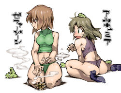  2girls ahoge alchymia animal animal_on_head aqua_eyes ass bare_arms bare_shoulders brown_hair character_name closed_mouth commentary_request crop_top final_fantasy final_fantasy_5 frog green_panties green_shirt high_heels lamp multiple_girls navel oil_lamp on_head open_mouth panties photoshop_(medium) purple_footwear purple_panties purple_shirt red_eyes shirt short_hair simple_background sitting smoke thighs turtleneck underwear white_background ysk! zephyrus 