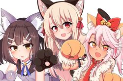  3girls absurdres animal_hands bare_shoulders black_hair black_leotard blush breasts chawan_(yultutari) chloe_von_einzbern chloe_von_einzbern_(beast_style) collarbone commentary_request dark-skinned_female dark_skin eyelashes fate/kaleid_liner_prisma_illya fate_(series) gloves hair_between_eyes highres illyasviel_von_einzbern illyasviel_von_einzbern_(beast_style) leotard long_hair miyu_edelfelt miyu_edelfelt_(beast_style) multiple_girls open_mouth paw_gloves pink_hair red_eyes small_breasts smile white_hair yellow_eyes 