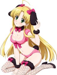  ahoge animal_ears artist_request asia_argento blonde_hair bow bra breasts check_artist cleavage covered_nipples extraction fake_animal_ears fake_tail female green_eyes groin hair_ornament high_school_dxd highres kneeling long_hair looking_at_viewer medium_breasts mg_renders navel panties pink_bow pink_bra pink_panties rabbit_tail solo tail thighhighs transparent_background underwear 