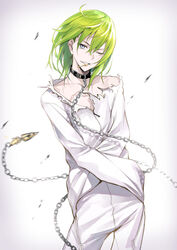  bangs blurry chains collar depth_of_field enkidu_(fate/strange_fake) enkidu_(weapon) fate/strange_fake fate_(series) green_hair grey_eyes hair_between_eyes key leash long_hair looking_at_viewer mouth_hold one_eye_closed parted_lips revision robe shijiu_(adamhutt) smile solo straitjacket teeth torn_clothes zipper 