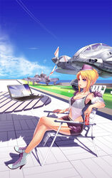  aircraft airplane belt blonde_hair blue_eyes blush boots breasts can cecilia_(pangya) chair cloud collarbone computer contrail cross-laced_footwear crossed_legs day detached_sleeves drink female fighter_jet from_side full_body garrison_cap hat high_heel_boots high_heels highres holding jet kamdia lace-up_boots laptop large_breasts legs long_legs midriff military military_vehicle miniskirt outdoors pangya parted_lips pencil_skirt photoshop_(medium) propeller puffy_short_sleeves puffy_sleeves see-through shiny_skin short_hair short_sleeves silhouette sitting skirt sky solo sports_bra table thighs white_footwear 