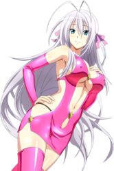  ahoge artist_request black_panties blue_eyes breasts check_artist covered_nipples detached_sleeves extraction female grey_hair hair_ribbon hand_on_own_hip high_school_dxd highres large_breasts long_hair looking_at_viewer mg_renders navel panties pink_ribbon pink_thighhighs ribbon rossweisse smile solo thighhighs transparent_background underboob underwear very_long_hair 