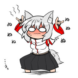  &gt;:( \m/ animal_ears arms_up bad_id bad_pixiv_id black_skirt blush bridal_gauntlets chibi commentary detached_sleeves embarrassed female frown full-face_blush full_body grey_hair inubashiri_momiji looking_at_viewer no_headwear o_o pose short_hair skirt solo sound_effects_only sumiya_nadateru sweat touhou translated v-shaped_eyebrows wavy_mouth wolf_ears 