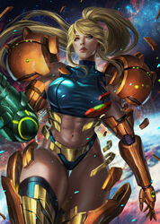  abs arm_cannon blonde_hair blue_eyes blue_thighhighs commentary english_commentary expressionless female highleg highleg_panties highres looking_to_the_side metroid mole mole_under_mouth muscular muscular_female navel obliques panties parted_lips photoshop_(medium) samus_aran sleeveless soffa solo space star_(sky) stomach thigh_gap thighhighs toned transforming_clothes underwear varia_suit weapon 