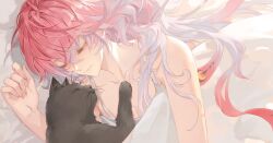  black_cat breasts changli_(wuthering_waves) chinese_commentary cleavage closed_eyes closed_mouth collarbone commentary_request feather_hair feline female hair_between_eyes highres long_hair medium_breasts multicolored_hair pink_hair ruoruoqiu smile two-tone_hair under_covers very_long_hair white_hair wuthering_waves 