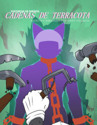  ambiguous_gender ambiguous_pov ambiguous_species anthro blade bondage bondage bound broken_object canid canine chained chains duo first_person_view flavio_terracota fur green_background grey_body grey_fur hacksaw hair hammer hi_res male mammal pickaxe purple_body purple_hair simple_background text tools usuario2_(artist) 