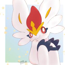  1:1 2024 ambiguous_gender anthro blue_background blush cinderace eve_(artist) fur generation_8_pokemon hand_on_chin hi_res looking_back nintendo petals pokemon pokemon_(species) red_eyes simple_background smile solo star white_body white_fur yellow_inner_ear 