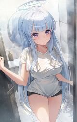  alternate_costume bathroom black_shorts blue_archive blunt_bangs breasts closed_mouth female grey_hair hand_up highres ien_(to_yen) indoors looking_at_viewer noa_(blue_archive) purple_eyes shirt short_sleeves shorts solo standing sweat thighs white_shirt 