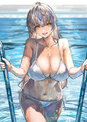  :d bikini blue_hair breasts cleavage collarbone female grey_hair highres large_breasts long_hair looking_at_viewer multicolored_hair navel open_mouth original pool pool_ladder ran&#039;ou_(tamago_no_kimi) side-tie_bikini_bottom smile solo stomach streaked_hair swimsuit wet white_bikini yellow_eyes 