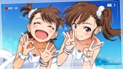  2girls ^_^ akizuki_ritchan bangle battery_indicator blue_background blush bracelet breasts brown_hair closed_eyes closed_mouth commentary_request double_v downblouse dress futami_ami futami_mami good_twins_day hair_ornament hair_scrunchie hands_up highres idolmaster idolmaster_(classic) jewelry leaning_forward looking_at_viewer multiple_girls ok_sign one_side_up open_mouth outdoors recording red_eyes scrunchie short_hair small_breasts smile upper_body v viewfinder white_dress wrist_scrunchie 