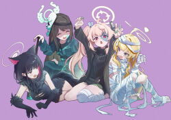  4girls absurdres after-school_sweets_club_(blue_archive) airi_(blue_archive) airi_(halloween)_(blue_archive) animal_ears bandaged_leg bandages black_hair blonde_hair blue_archive blue_halo brown_hair cat_ears commentary_request halo higashigure highres kazusa_(blue_archive) kazusa_(halloween)_(blue_archive) long_hair looking_at_viewer multiple_girls mummy_costume natsu_(blue_archive) natsu_(halloween)_(blue_archive) official_alternate_costume open_mouth pink_hair pink_halo purple_background simple_background sitting smile white_halo yellow_halo yoshimi_(blue_archive) yoshimi_(halloween)_(blue_archive) 