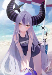  absurdly_long_hair absurdres ahoge alternate_costume arm_support ball beach beach_umbrella beachball black_horns black_nails blue_one-piece_swimsuit blue_sky blush breasts cloud collarbone commentary_request cooler cowboy_shot female hair_between_eyes highres hololive horns la+_darknesss long_hair looking_at_viewer motoi_(croa76) multicolored_hair nail_polish name_tag one-piece_swimsuit open_mouth outdoors paid_reward_available pointy_ears purple_hair purple_horns school_swimsuit shore sky small_breasts solo streaked_hair striped_horns swimsuit umbrella very_long_hair virtual_youtuber water yellow_eyes 