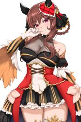  absurdres animal_ears breasts brown_hair cleavage cowboy_shot detached_sleeves dress ear_covers female gentildonna_(umamusume) gloves grin hachi7515 heart_ear_ornament highres horse_ears horse_girl horse_tail looking_at_viewer red_dress red_eyes smile solo tail umamusume white_background white_gloves 