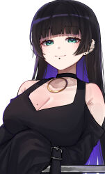  absurdres black_choker black_dress black_hair bocchi_the_rock! breasts choker cleavage closed_mouth clothing_cutout collarbone colored_inner_hair commentary dress ear_piercing earclip earrings female green_eyes highres jewelry labret_piercing large_breasts long_hair looking_at_viewer mole mole_on_breast multicolored_hair pa-san piercing purple_hair shoulder_cutout simple_background sleeves_past_fingers sleeves_past_wrists solo upper_body white_background yozakurayuyu 