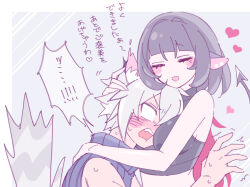  1boy animal_ear_fluff animal_ears between_breasts black_hair blunt_bangs blush breasts cat_boy cat_ears cat_tail closed_eyes crop_top female grey_hair head_between_breasts heart hug jane_doe_(zenless_zone_zero) long_hair medium_breasts mnm_940 mouse_ears mouse_girl mouse_tail multicolored_hair open_mouth red_hair seth_lowell sleeveless straight tail translation_request turtleneck zenless_zone_zero 